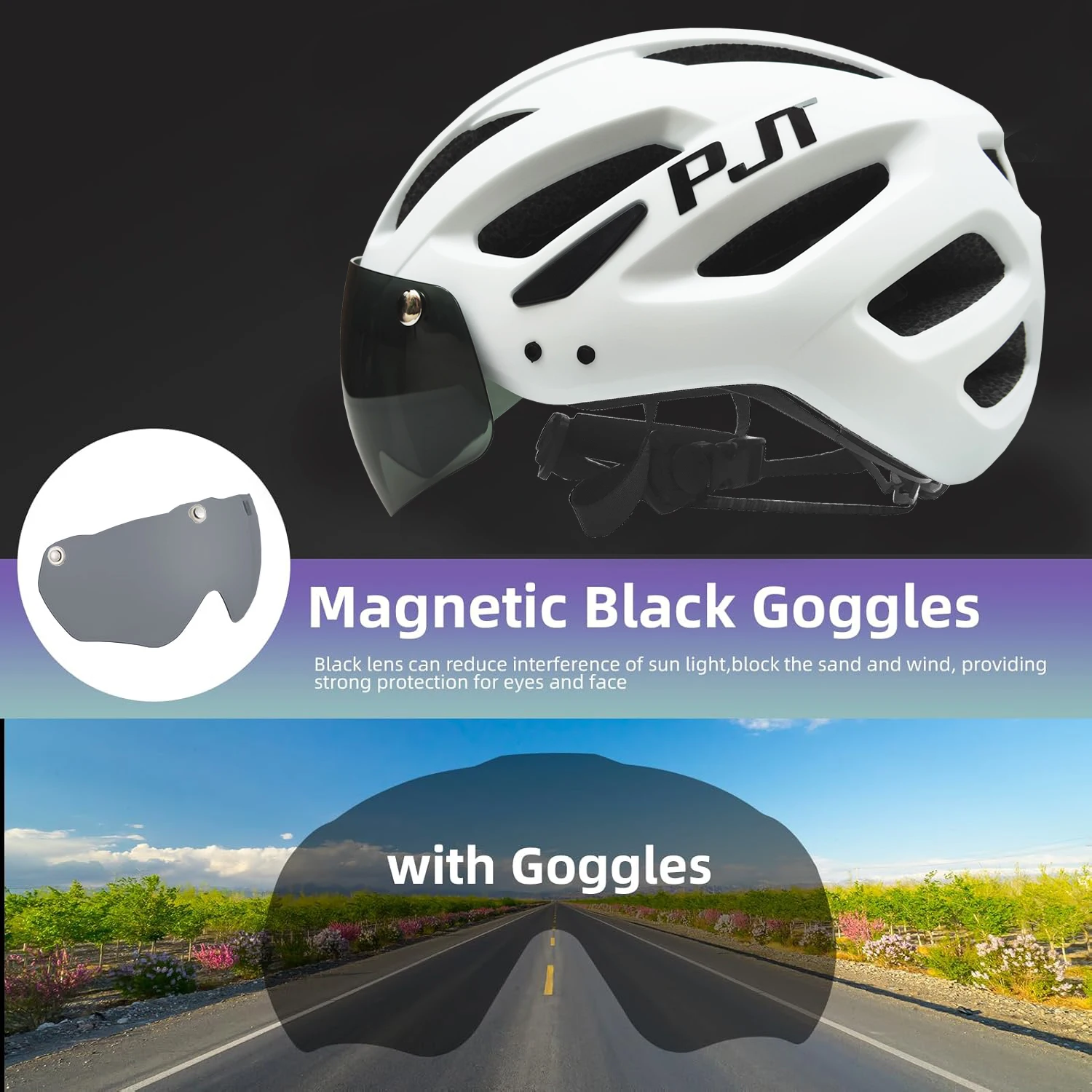 PJT New LED Bike Helmet With Sun Goggle Visor Rechargeable LED Men Bicycle Helmet Sunglasses Shield Road MTB Cycling Helmets