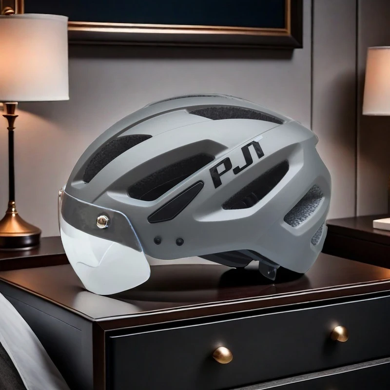 PJT New LED Bike Helmet With Sun Goggle Visor Rechargeable LED Men Bicycle Helmet Sunglasses Shield Road MTB Cycling Helmets