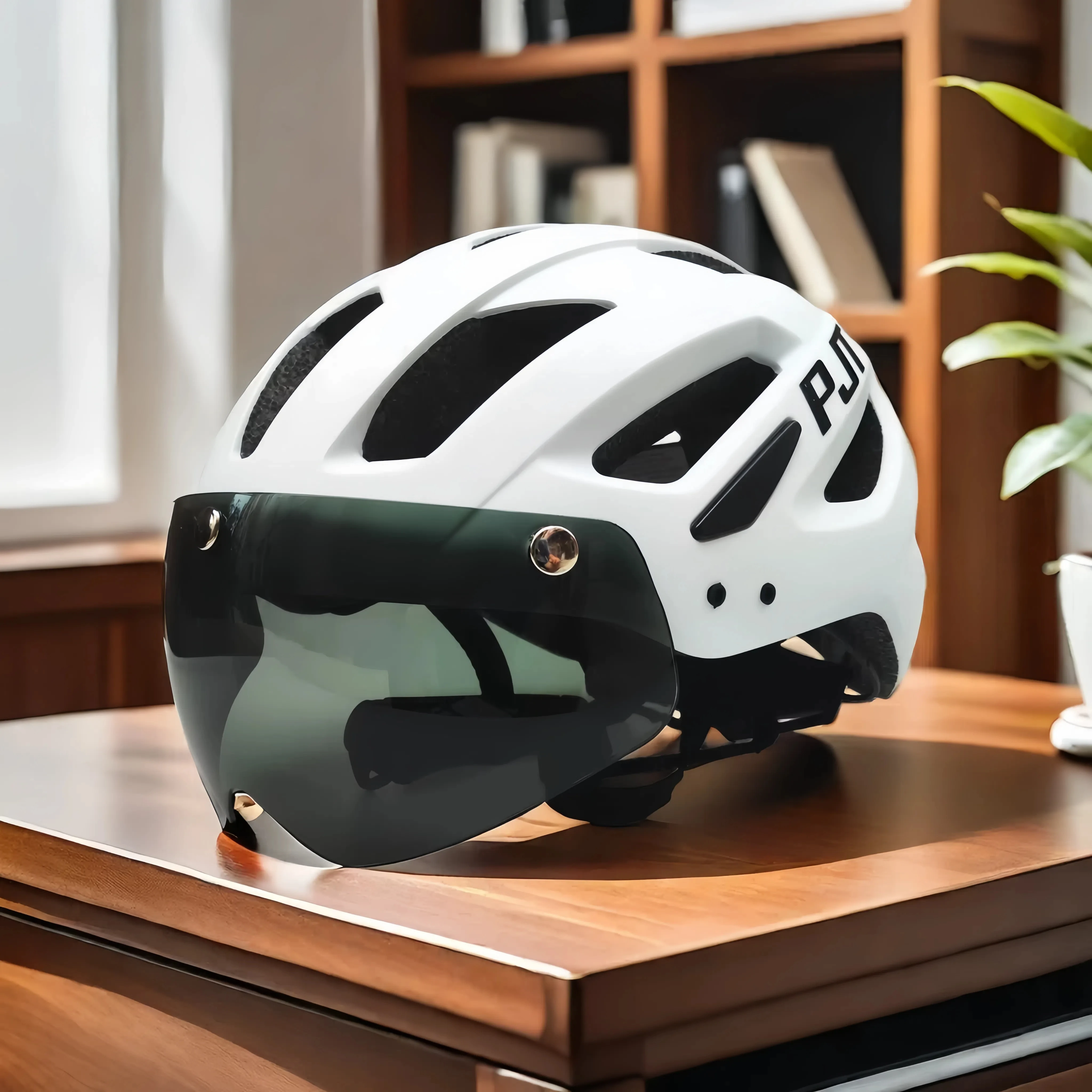 PJT New LED Bike Helmet With Sun Goggle Visor Rechargeable LED Men Bicycle Helmet Sunglasses Shield Road MTB Cycling Helmets