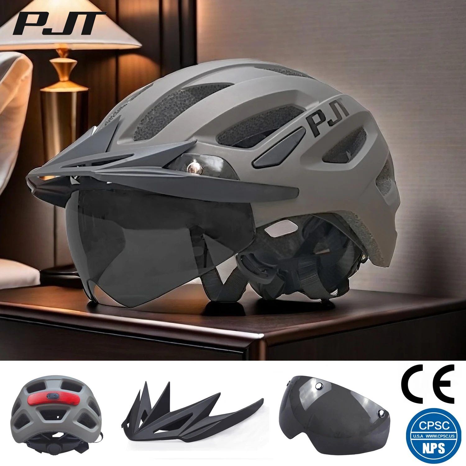 PJT New LED Bike Helmet With Sun Goggle Visor Rechargeable LED Men Bicycle Helmet Sunglasses Shield Road MTB Cycling Helmets