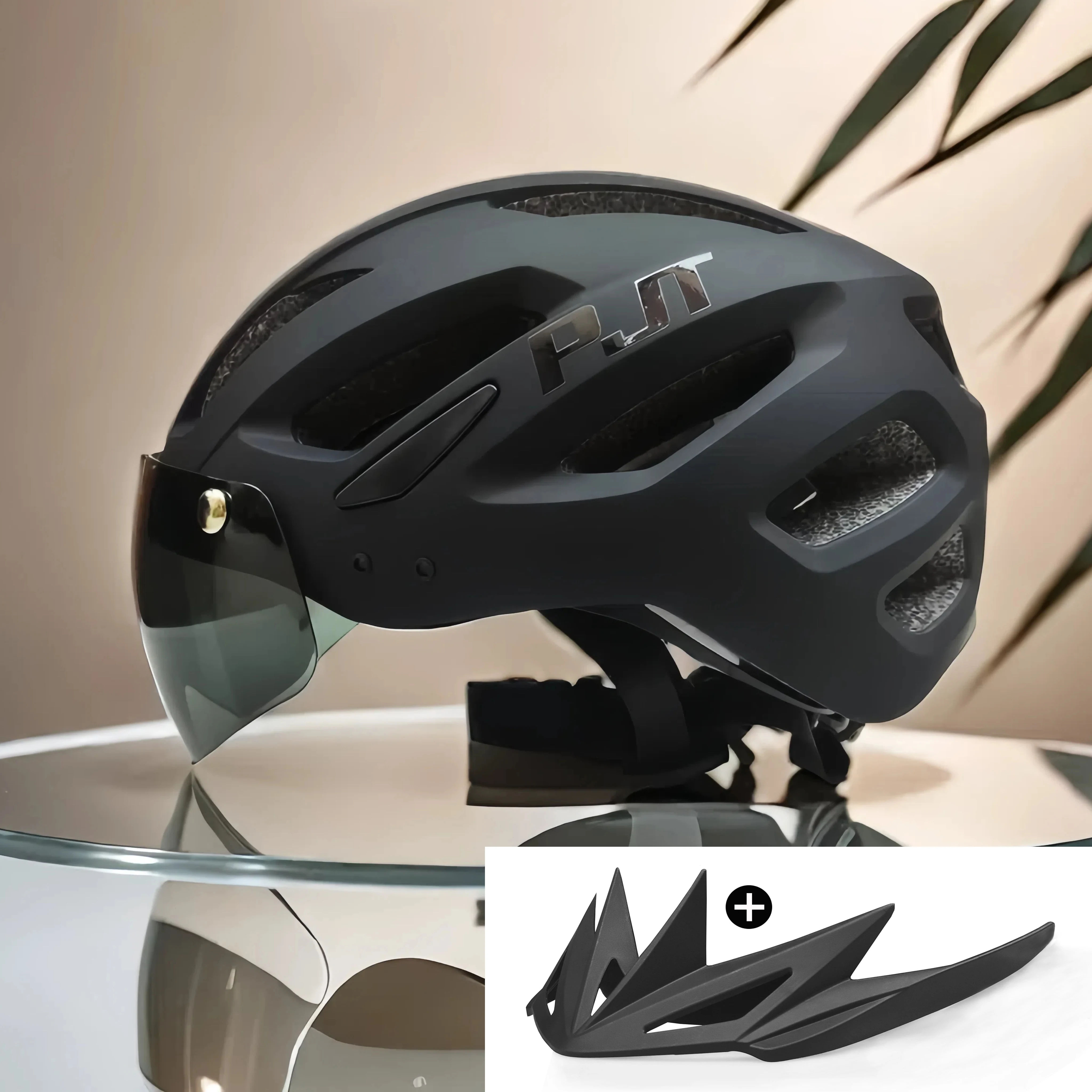 PJT New LED Bike Helmet With Sun Goggle Visor Rechargeable LED Men Bicycle Helmet Sunglasses Shield Road MTB Cycling Helmets