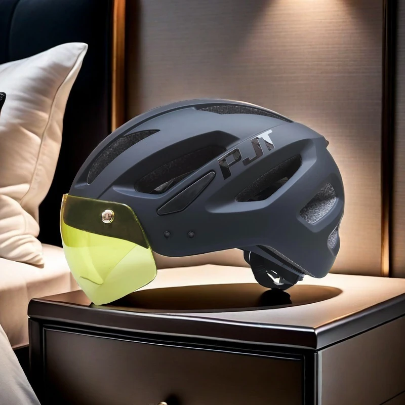 PJT New LED Bike Helmet With Sun Goggle Visor Rechargeable LED Men Bicycle Helmet Sunglasses Shield Road MTB Cycling Helmets
