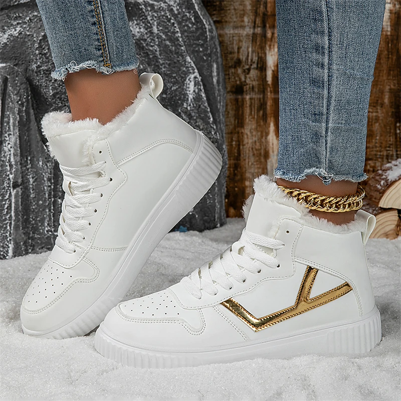 Winter Fur Skateboard Shoes Women Fashion Pink Warm High Top Sneakers Woman Trainers Outdoor Comfy Velvet Women's Sports Shoes