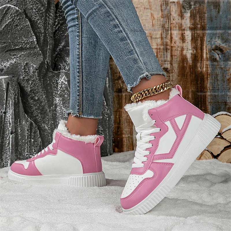 Winter Fur Skateboard Shoes Women Fashion Pink Warm High Top Sneakers Woman Trainers Outdoor Comfy Velvet Women's Sports Shoes