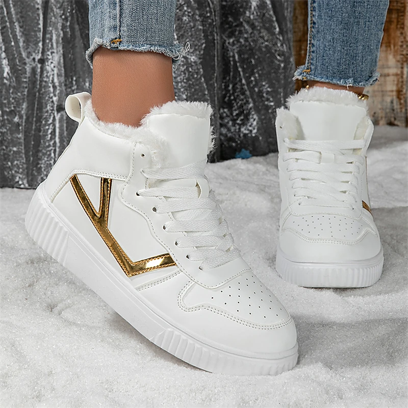 Winter Fur Skateboard Shoes Women Fashion Pink Warm High Top Sneakers Woman Trainers Outdoor Comfy Velvet Women's Sports Shoes