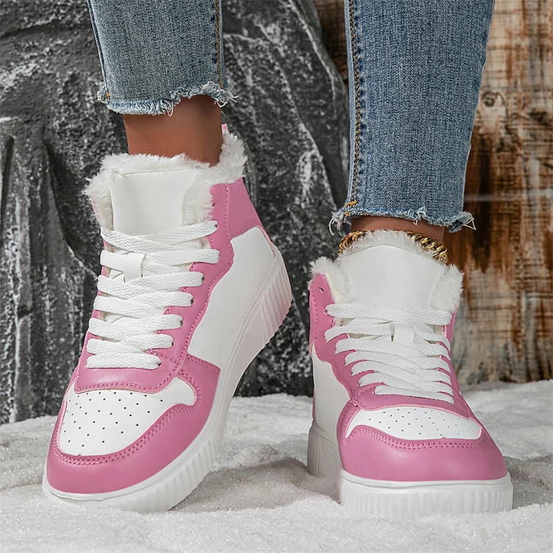 Winter Fur Skateboard Shoes Women Fashion Pink Warm High Top Sneakers Woman Trainers Outdoor Comfy Velvet Women's Sports Shoes