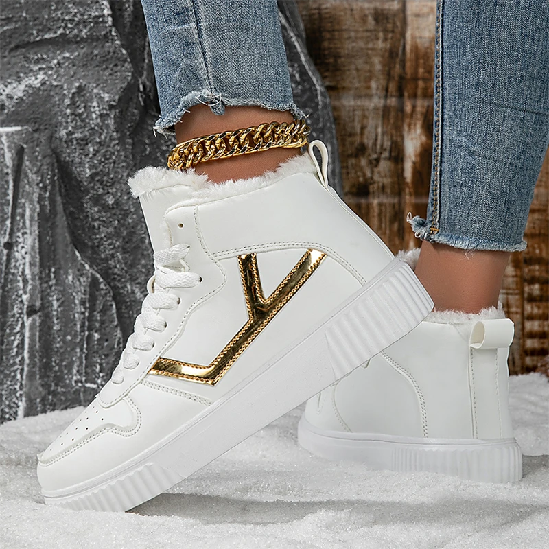 Winter Fur Skateboard Shoes Women Fashion Pink Warm High Top Sneakers Woman Trainers Outdoor Comfy Velvet Women's Sports Shoes