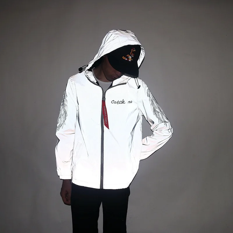 Men's Full Reflective Jacket Casual Women Windbreaker Hip Hop Hooded Coat Waterproof Printed Streetwear Night Shiny Jackets 5XL