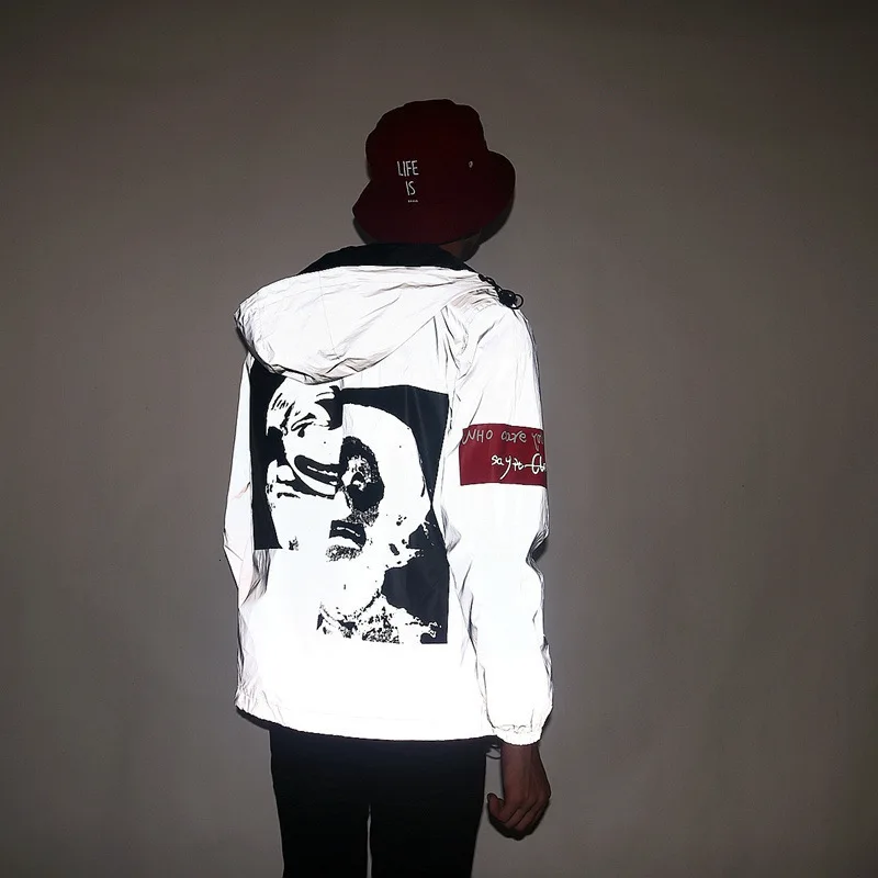 Men's Full Reflective Jacket Casual Women Windbreaker Hip Hop Hooded Coat Waterproof Printed Streetwear Night Shiny Jackets 5XL