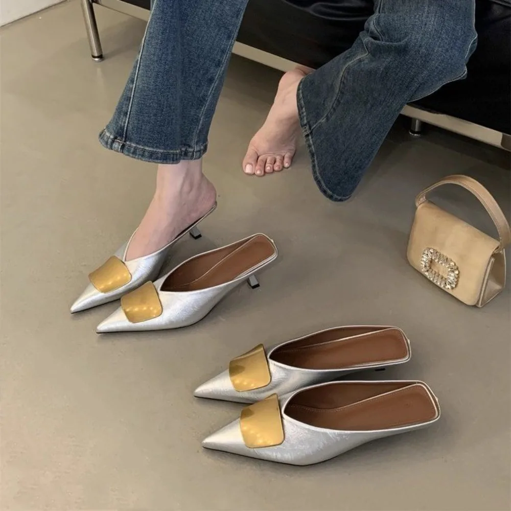 Women Slippers Designer Sandals Summer 2026 New Slides Non-slip Metallic Color Fashion Footwear Brand Pointed Toe Mules Ladies