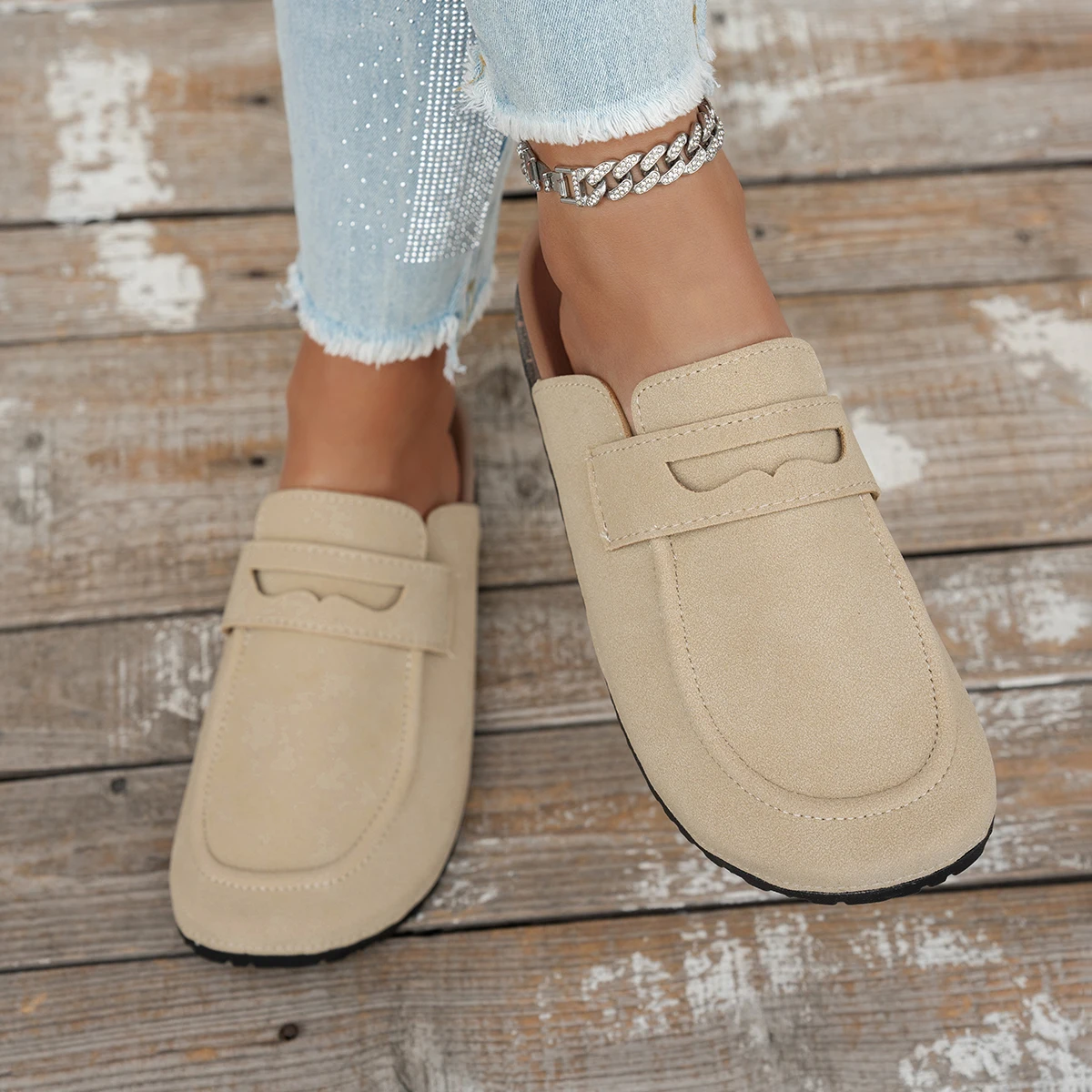 Women Suede Loafer Mules Cork Sole Penny Strap Closed Toe Backless Slip On Casual Indoor Outdoor Shoes