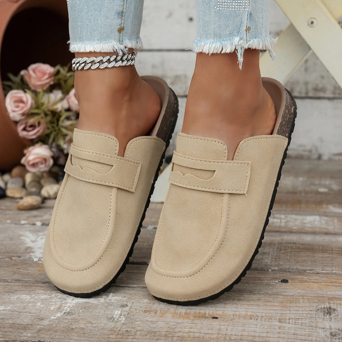 Women Suede Loafer Mules Cork Sole Penny Strap Closed Toe Backless Slip On Casual Indoor Outdoor Shoes