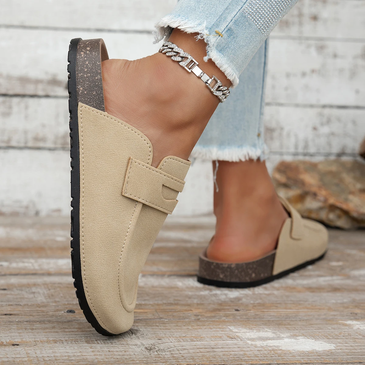 Women Suede Loafer Mules Cork Sole Penny Strap Closed Toe Backless Slip On Casual Indoor Outdoor Shoes