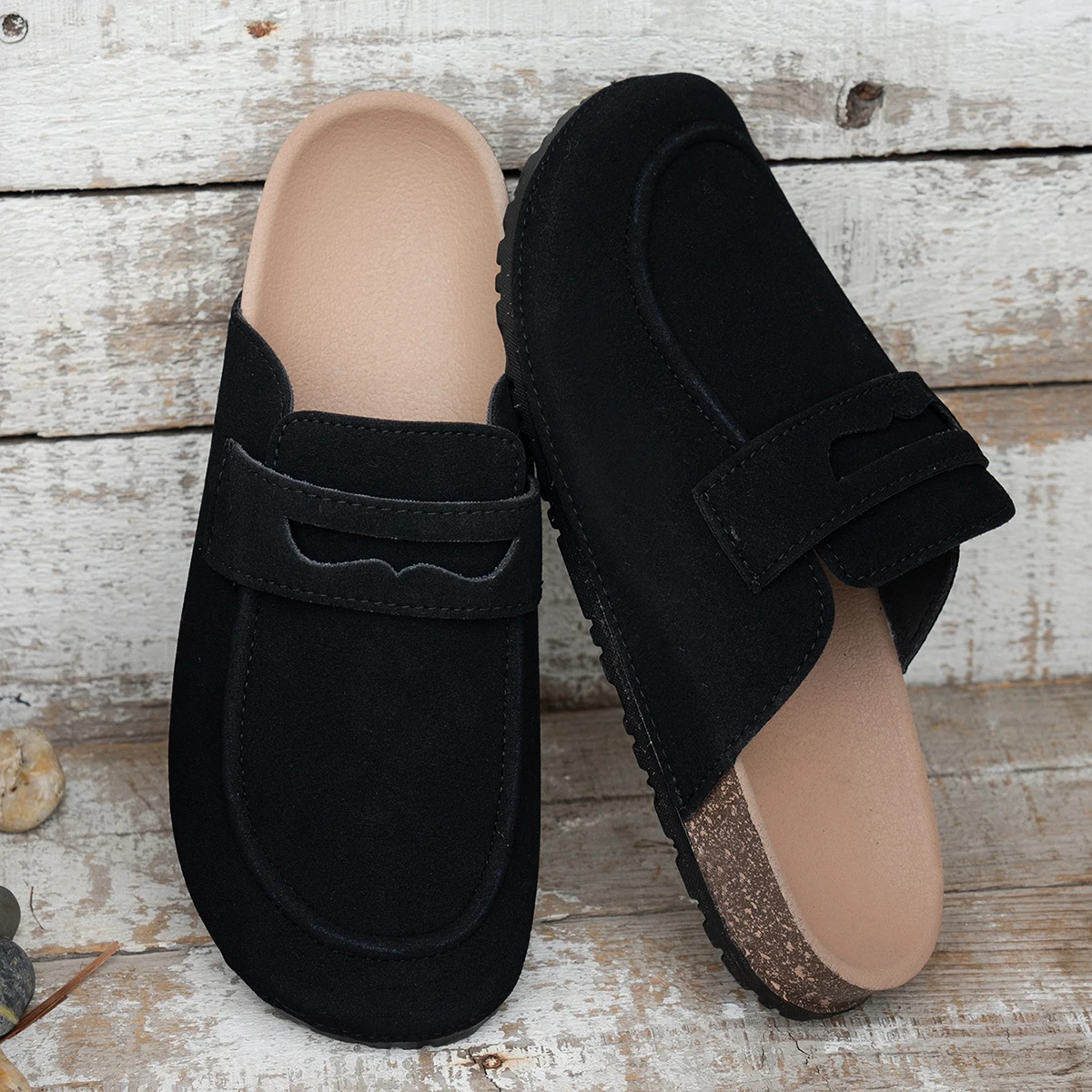Women Suede Loafer Mules Cork Sole Penny Strap Closed Toe Backless Slip On Casual Indoor Outdoor Shoes