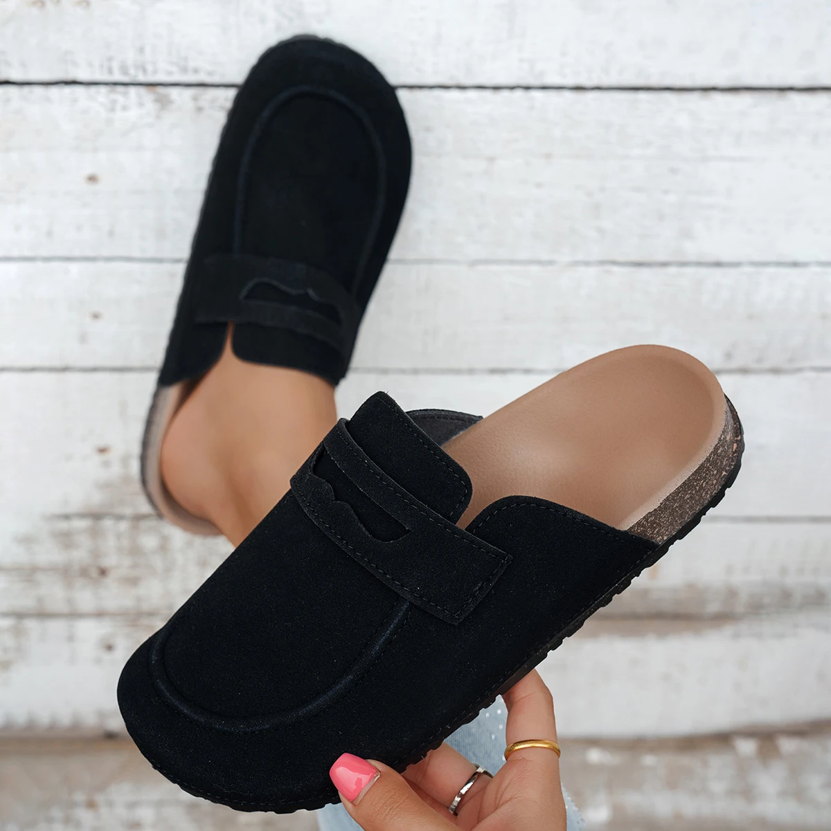 Women Suede Loafer Mules Cork Sole Penny Strap Closed Toe Backless Slip On Casual Indoor Outdoor Shoes