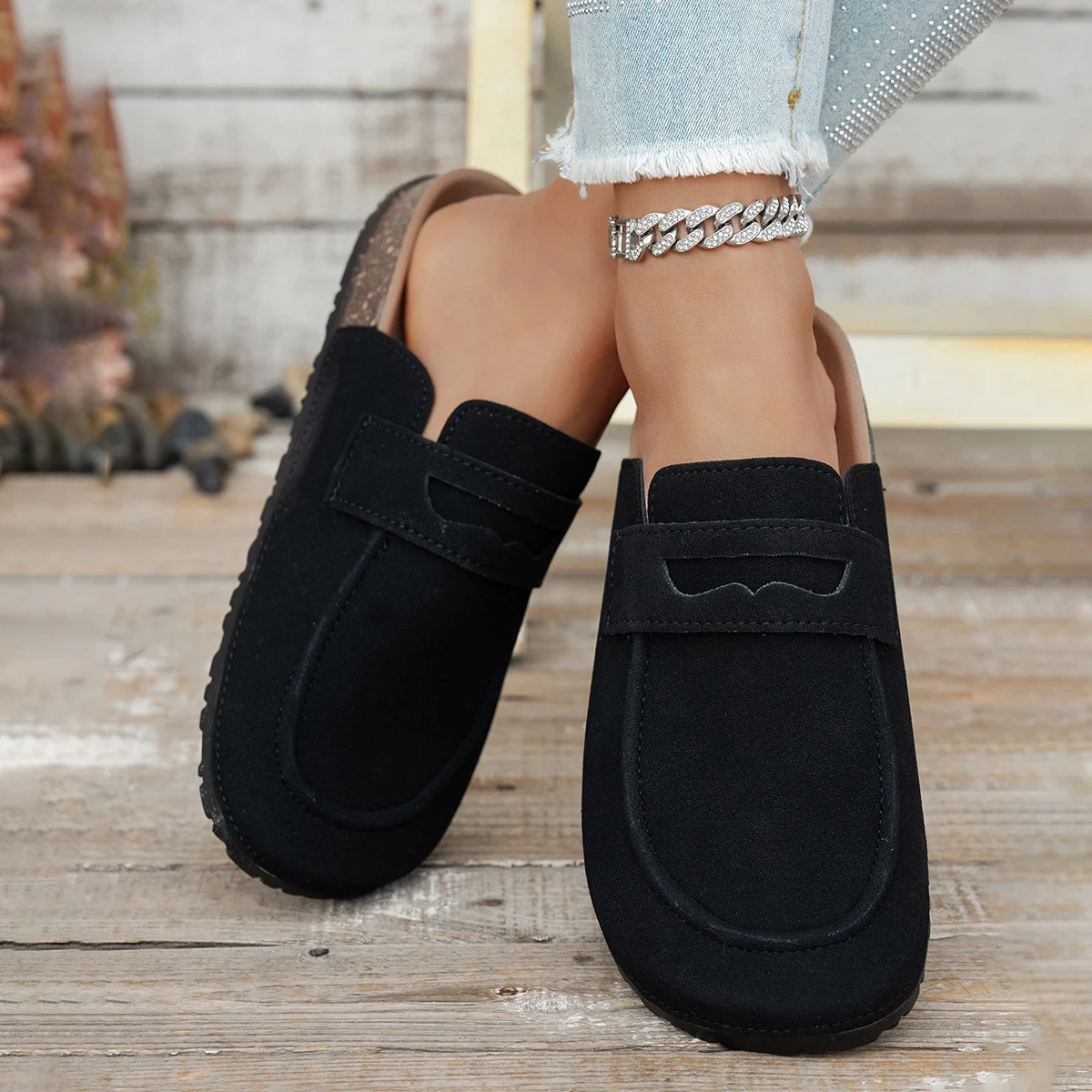 Women Suede Loafer Mules Cork Sole Penny Strap Closed Toe Backless Slip On Casual Indoor Outdoor Shoes