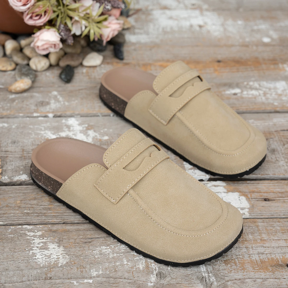 Women Suede Loafer Mules Cork Sole Penny Strap Closed Toe Backless Slip On Casual Indoor Outdoor Shoes