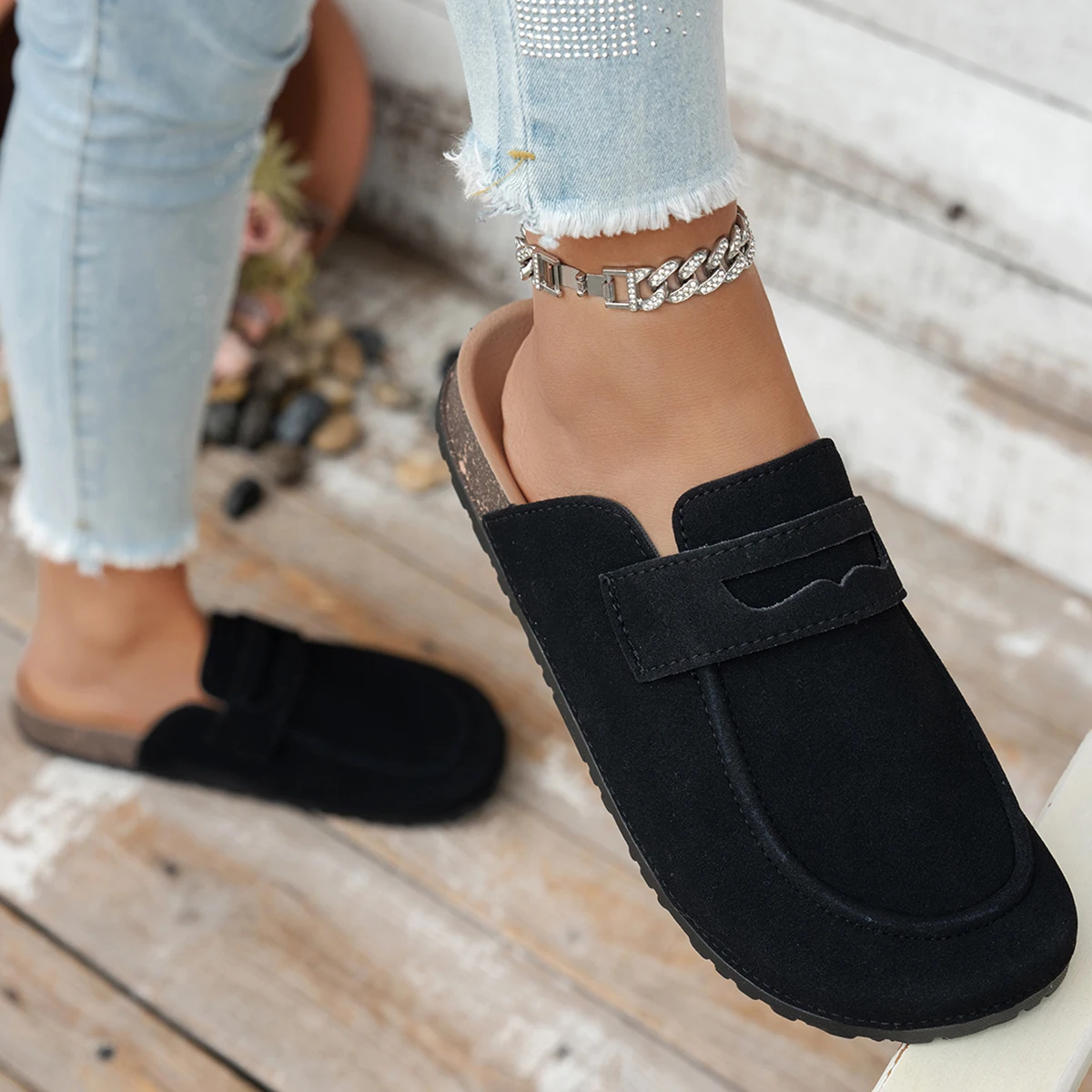 Women Suede Loafer Mules Cork Sole Penny Strap Closed Toe Backless Slip On Casual Indoor Outdoor Shoes