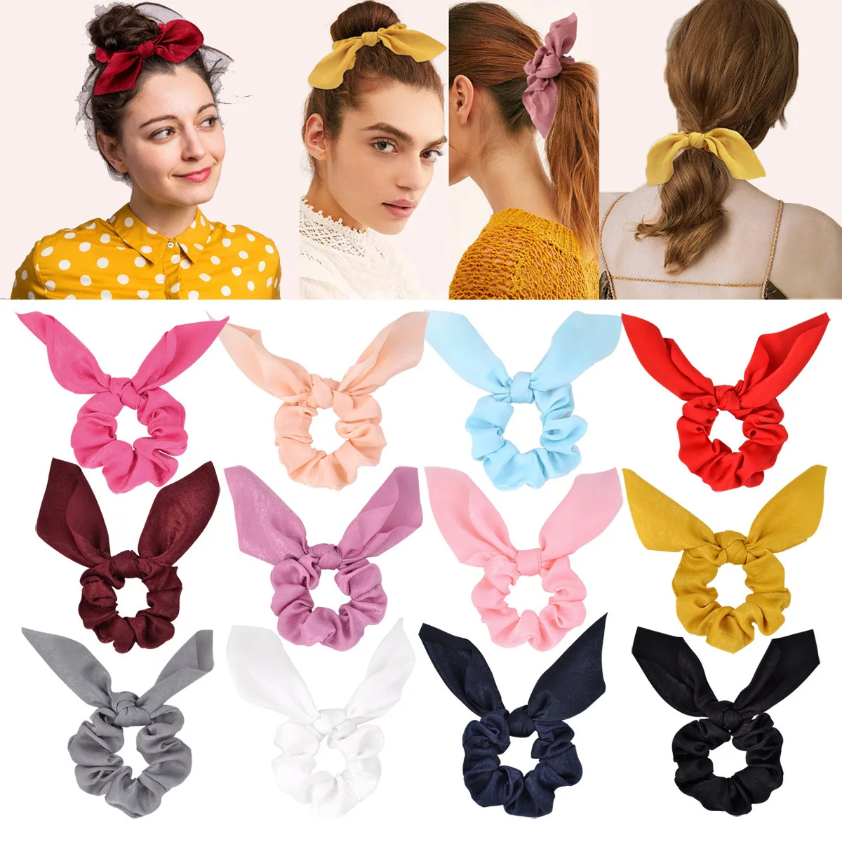 Chiffon Bowknot Silk Hair Scrunchies Women Rabbit Ear Ponytail Holder Hair Ties Hair Rope Rubber Bands Headwear Hair Accessories