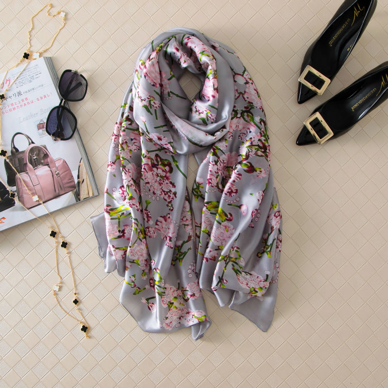 100% Natural Silk Scarf Women Luxury Brand Digital Print Flowers Silk Pashmina Shawl Female Long Bandana Foulard 2020 Oversize