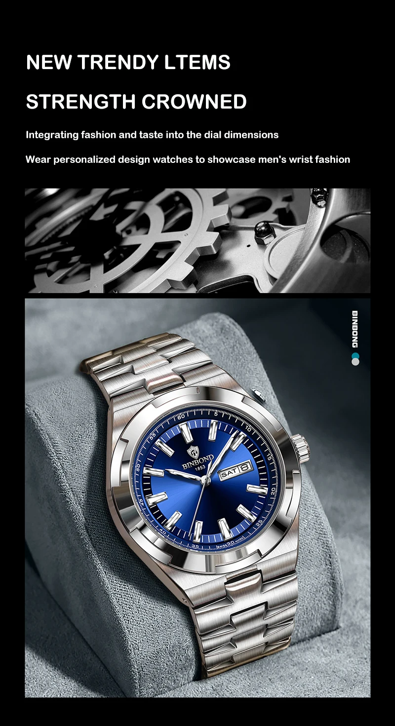 BINBOND Men's Watch Fashion Trend Night Light Calendar Waterproof Business Leisure Steel Strip Men's Watch Watches for Man B025