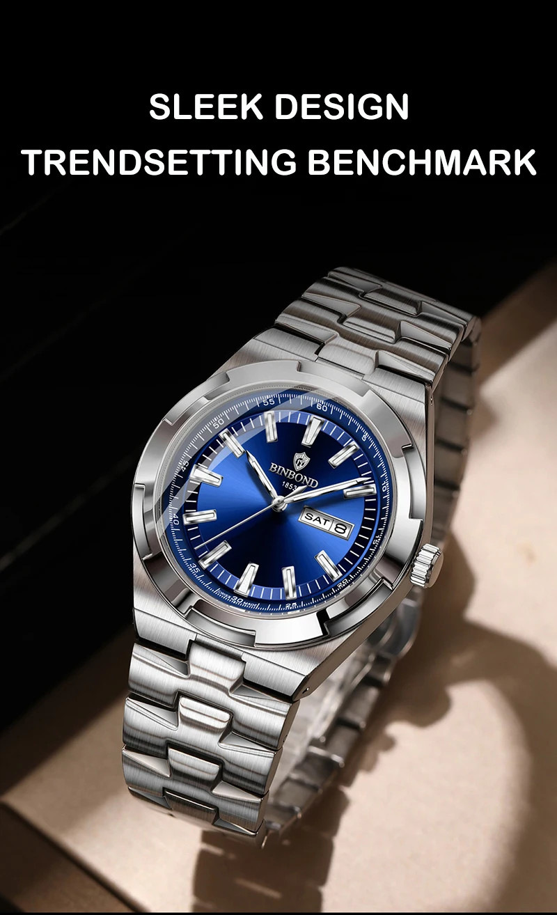 BINBOND Men's Watch Fashion Trend Night Light Calendar Waterproof Business Leisure Steel Strip Men's Watch Watches for Man B025
