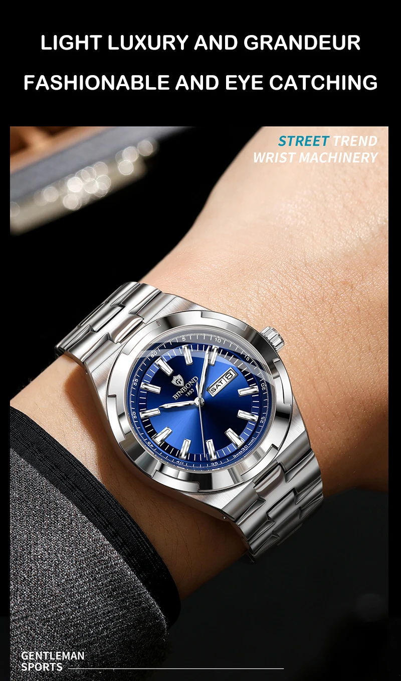 BINBOND Men's Watch Fashion Trend Night Light Calendar Waterproof Business Leisure Steel Strip Men's Watch Watches for Man B025