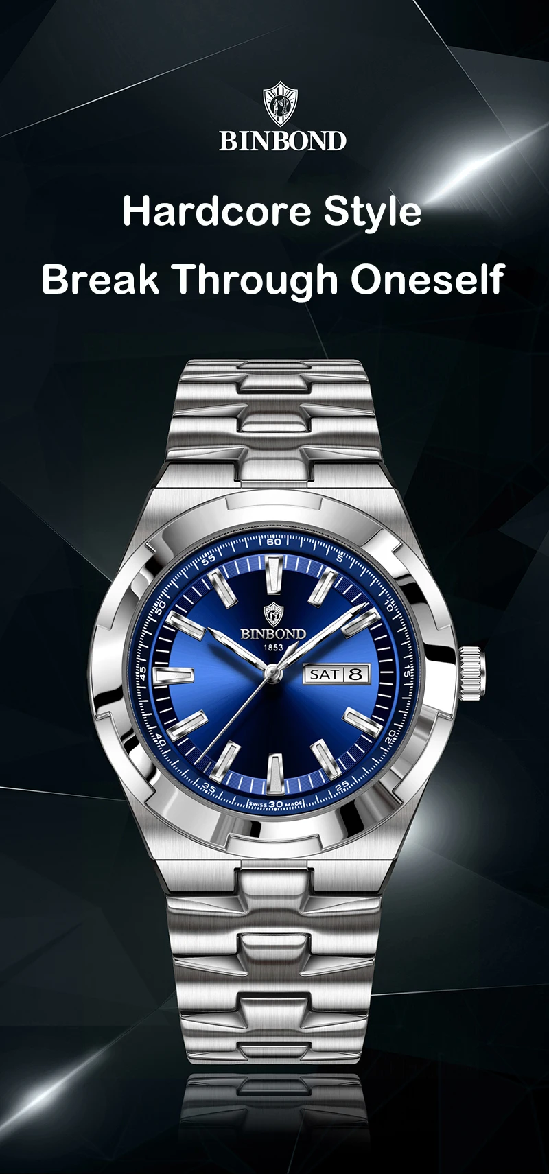 BINBOND Men's Watch Fashion Trend Night Light Calendar Waterproof Business Leisure Steel Strip Men's Watch Watches for Man B025