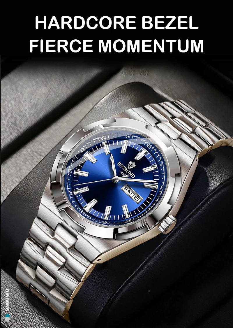 BINBOND Men's Watch Fashion Trend Night Light Calendar Waterproof Business Leisure Steel Strip Men's Watch Watches for Man B025