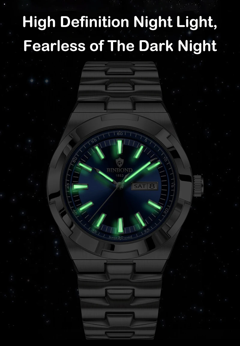 BINBOND Men's Watch Fashion Trend Night Light Calendar Waterproof Business Leisure Steel Strip Men's Watch Watches for Man B025