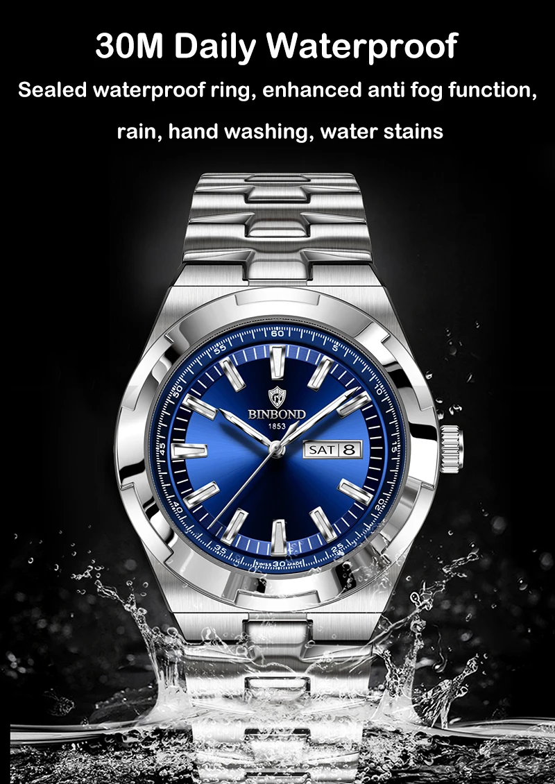 BINBOND Men's Watch Fashion Trend Night Light Calendar Waterproof Business Leisure Steel Strip Men's Watch Watches for Man B025