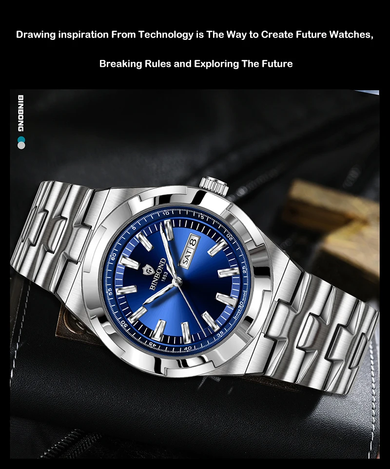 BINBOND Men's Watch Fashion Trend Night Light Calendar Waterproof Business Leisure Steel Strip Men's Watch Watches for Man B025