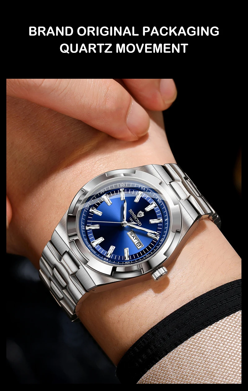 BINBOND Men's Watch Fashion Trend Night Light Calendar Waterproof Business Leisure Steel Strip Men's Watch Watches for Man B025