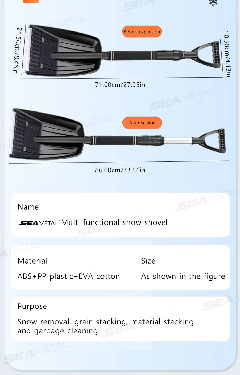 SEAMETAL Detachable Telescopic Winter Snow Ice Shovel Portable ABS Plastic Collapsible Snow Shovel for Outdoor Car Cleaning Tool