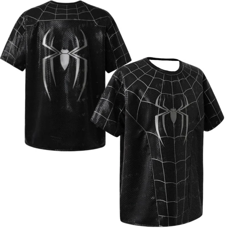 Parent‑child Spider Hero 3D Print Sports T‑Shirt,Red Blue Web Pattern Jersey,100% Polyester Breathable Tops for Kids Adults