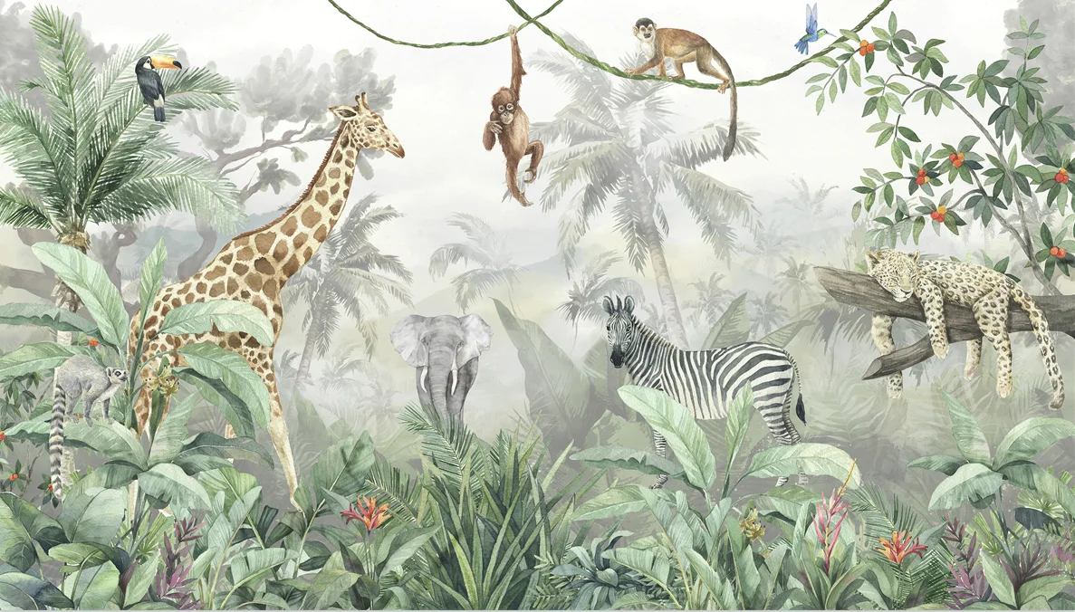 Custom Cartoon Animal Jungle Wallpaper Mural for Kindergarten Children's room Tiger Elephant Giraffe Background wallpaper