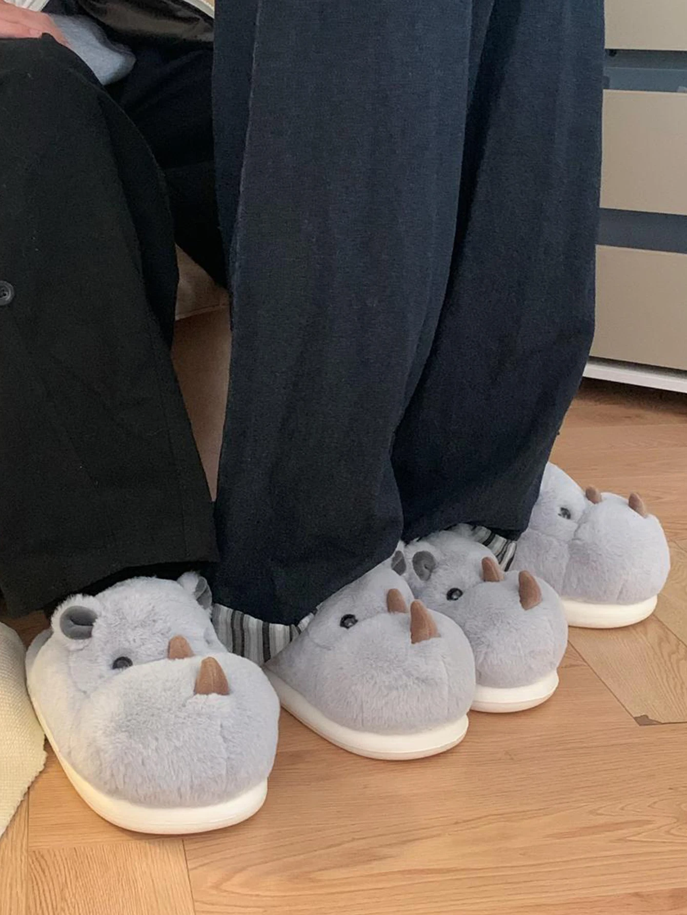 Cute Fun Rhinoceros Design Women Winter new Slippers Casual Soft Heel Platform Fur Warm Indoor Comfortable Man Home Slippers