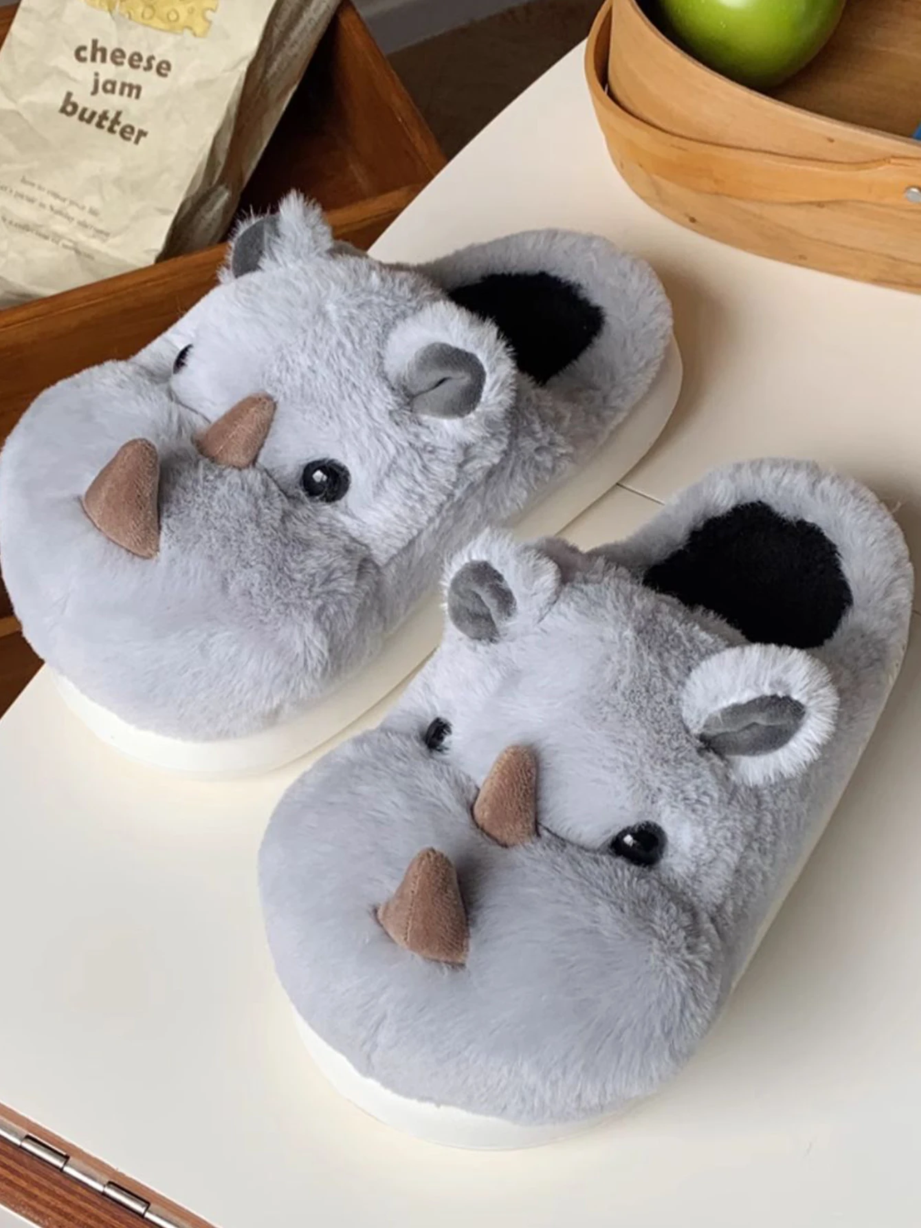 Cute Fun Rhinoceros Design Women Winter new Slippers Casual Soft Heel Platform Fur Warm Indoor Comfortable Man Home Slippers