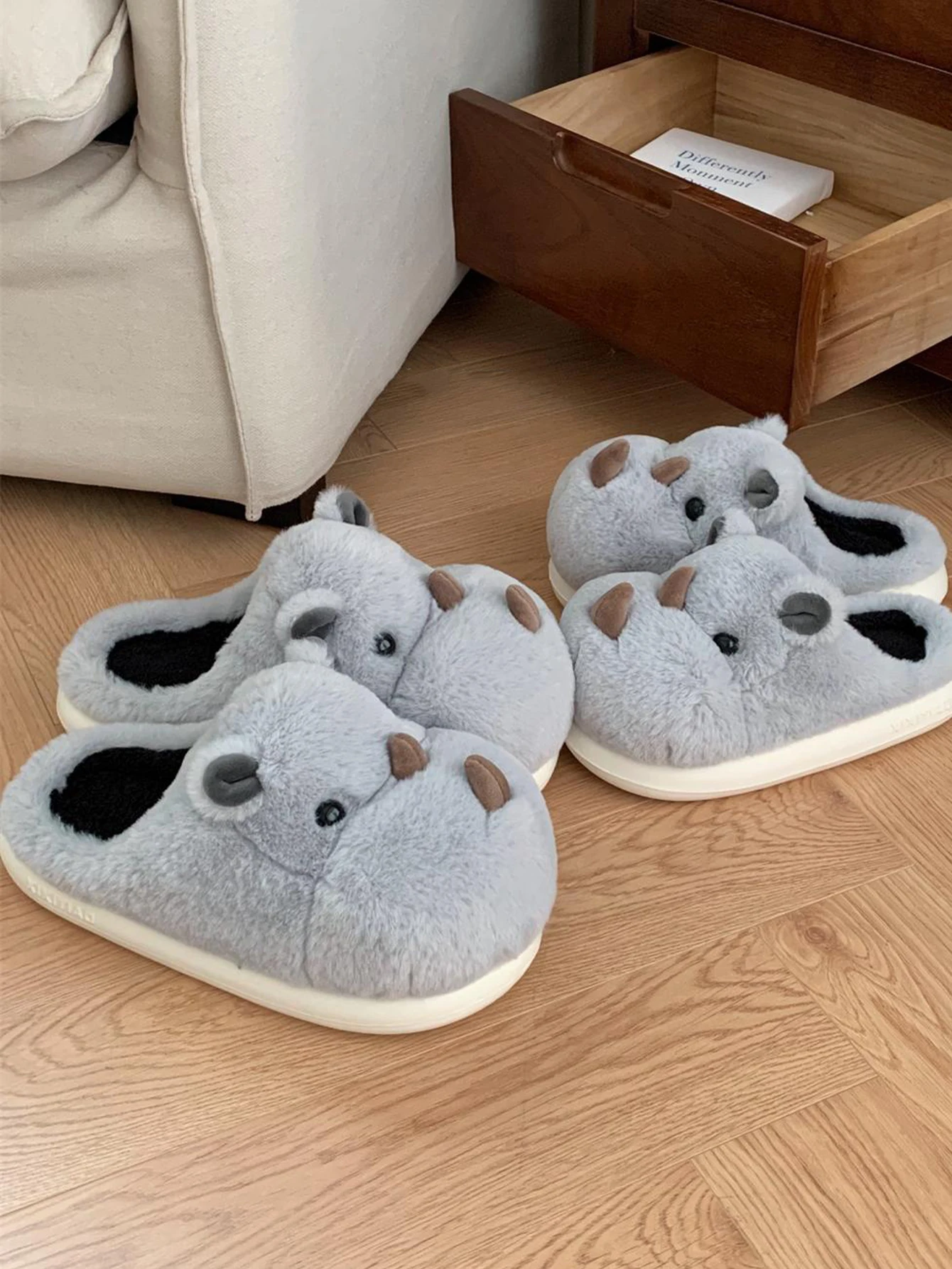 Cute Fun Rhinoceros Design Women Winter new Slippers Casual Soft Heel Platform Fur Warm Indoor Comfortable Man Home Slippers