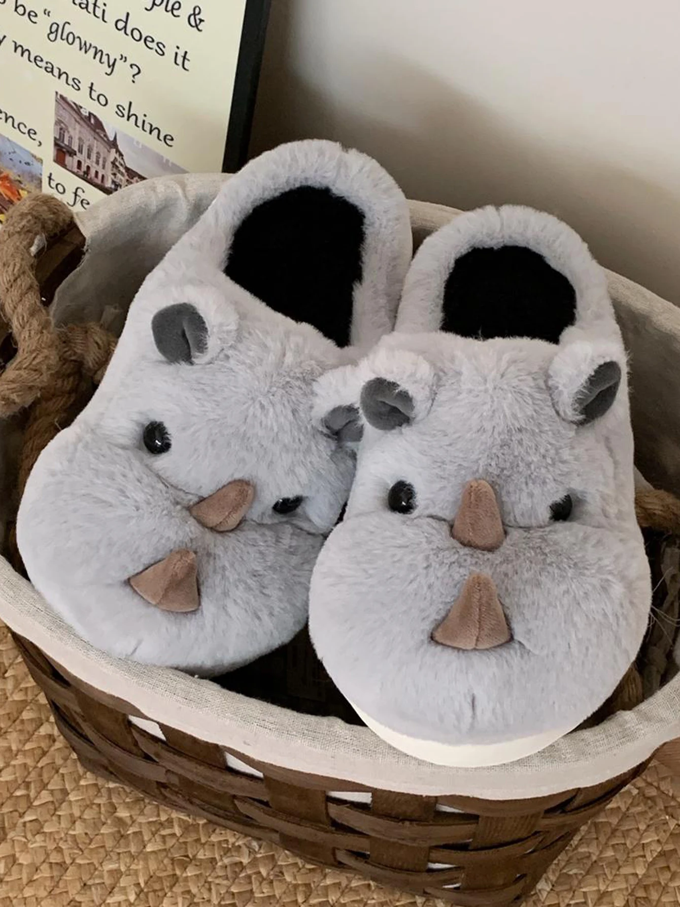 Cute Fun Rhinoceros Design Women Winter new Slippers Casual Soft Heel Platform Fur Warm Indoor Comfortable Man Home Slippers