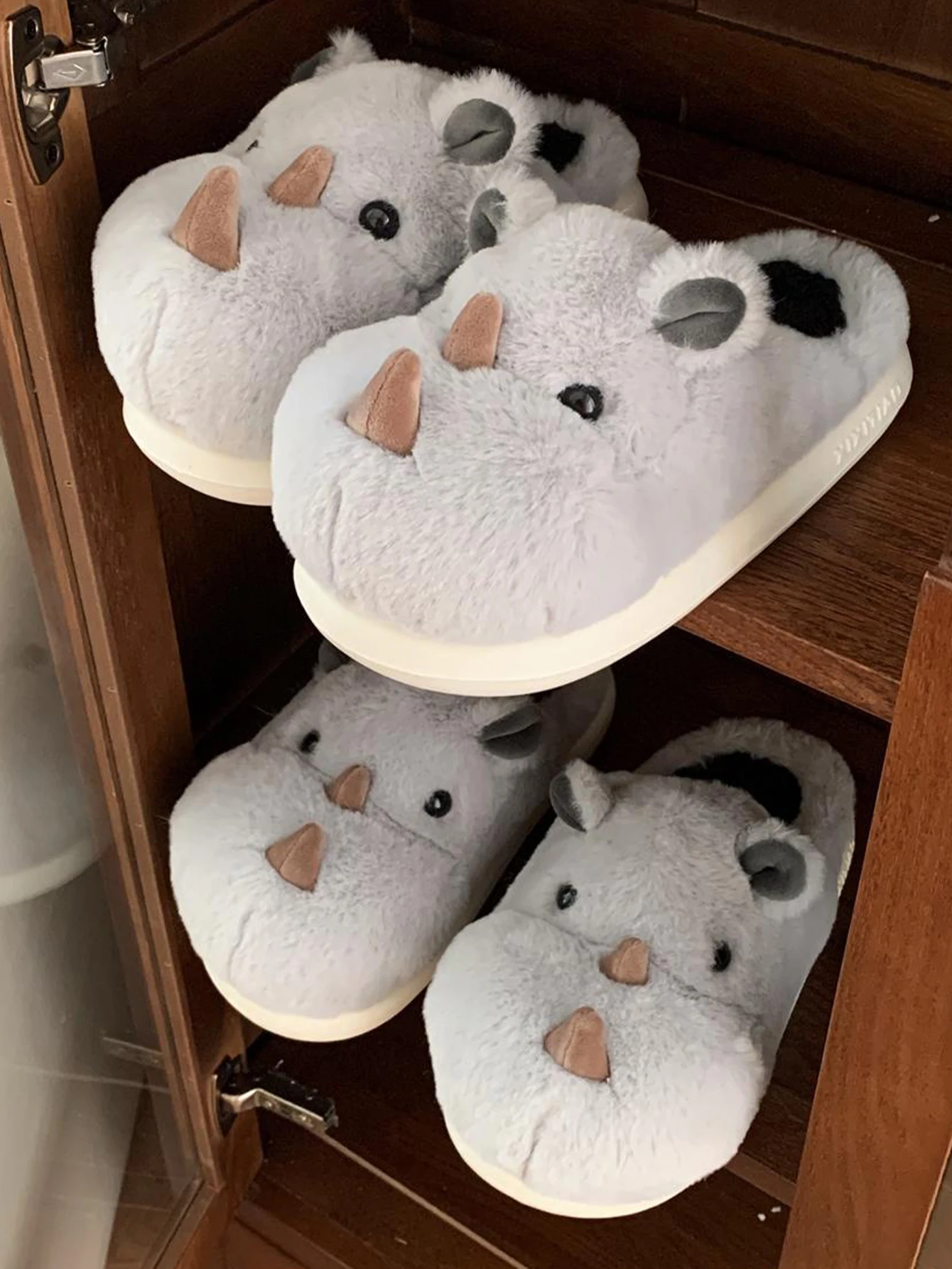 Cute Fun Rhinoceros Design Women Winter new Slippers Casual Soft Heel Platform Fur Warm Indoor Comfortable Man Home Slippers