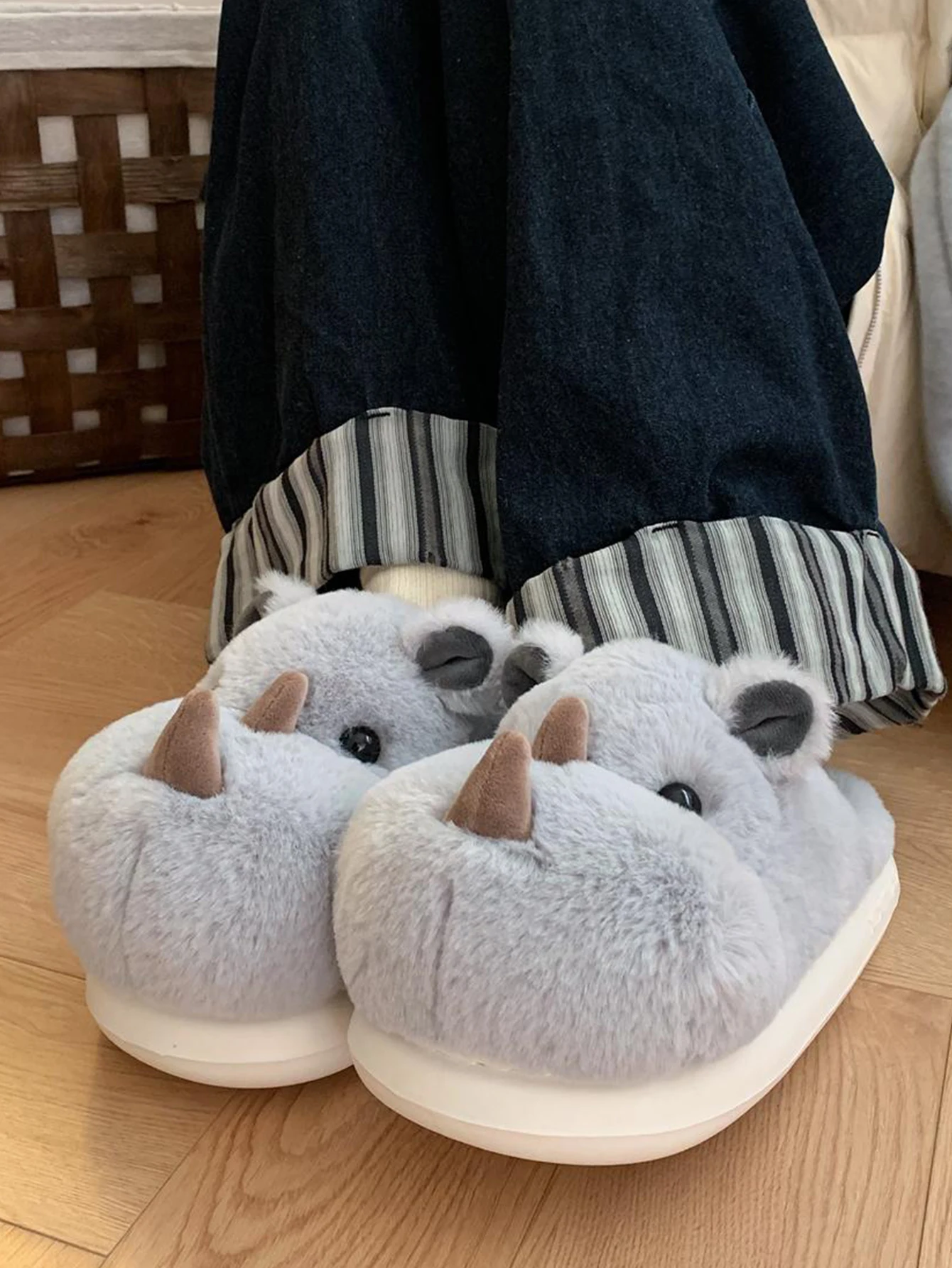 Cute Fun Rhinoceros Design Women Winter new Slippers Casual Soft Heel Platform Fur Warm Indoor Comfortable Man Home Slippers
