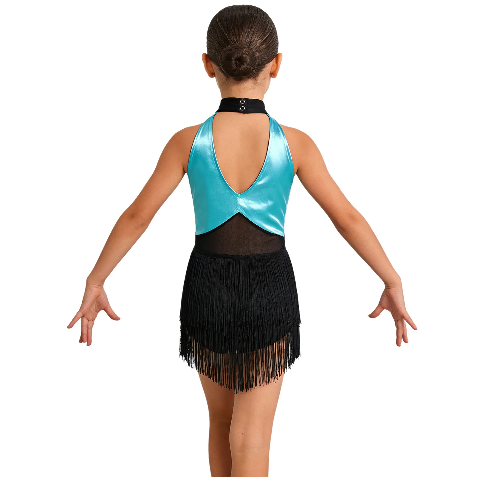 Kids Girls Cha-cha Salsa Latin Dance Costume Shiny Sequins Halter Sleeveless Mesh Tassels Leotard Jazz Tango Samba Rumba Outfits