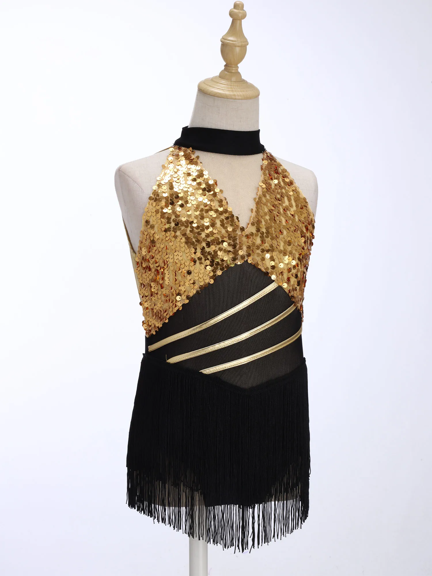 Kids Girls Cha-cha Salsa Latin Dance Costume Shiny Sequins Halter Sleeveless Mesh Tassels Leotard Jazz Tango Samba Rumba Outfits