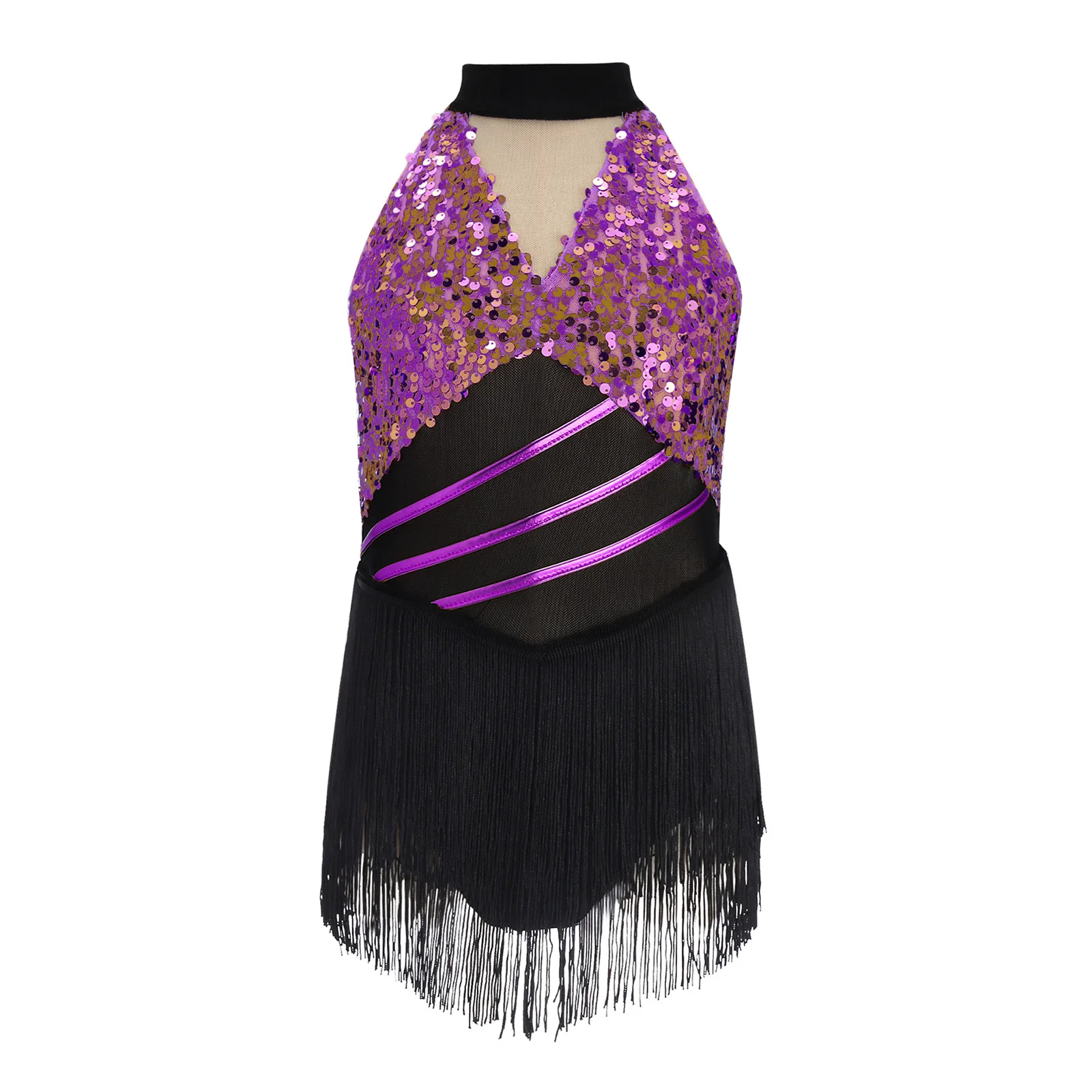 Kids Girls Cha-cha Salsa Latin Dance Costume Shiny Sequins Halter Sleeveless Mesh Tassels Leotard Jazz Tango Samba Rumba Outfits