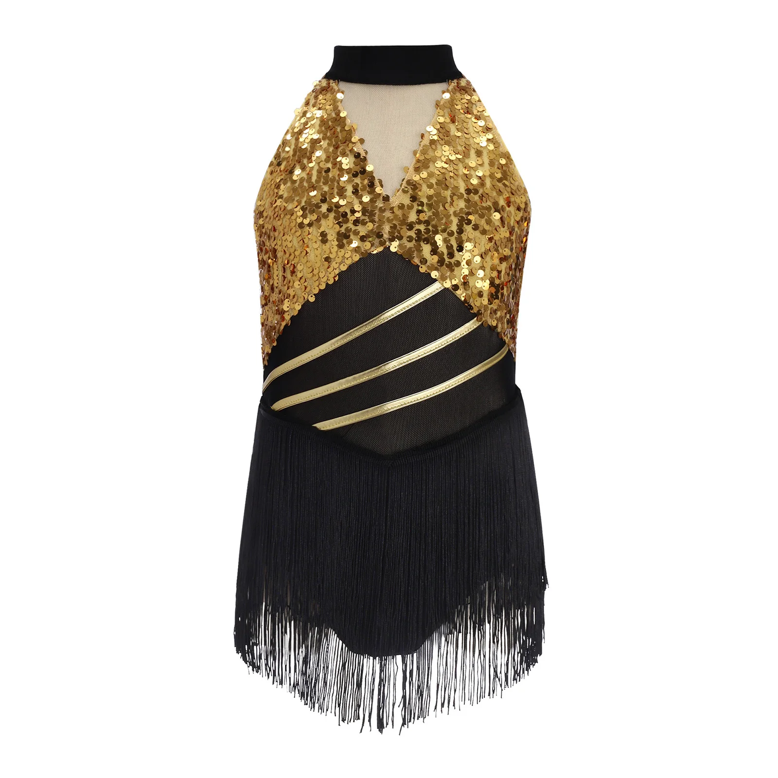 Kids Girls Cha-cha Salsa Latin Dance Costume Shiny Sequins Halter Sleeveless Mesh Tassels Leotard Jazz Tango Samba Rumba Outfits