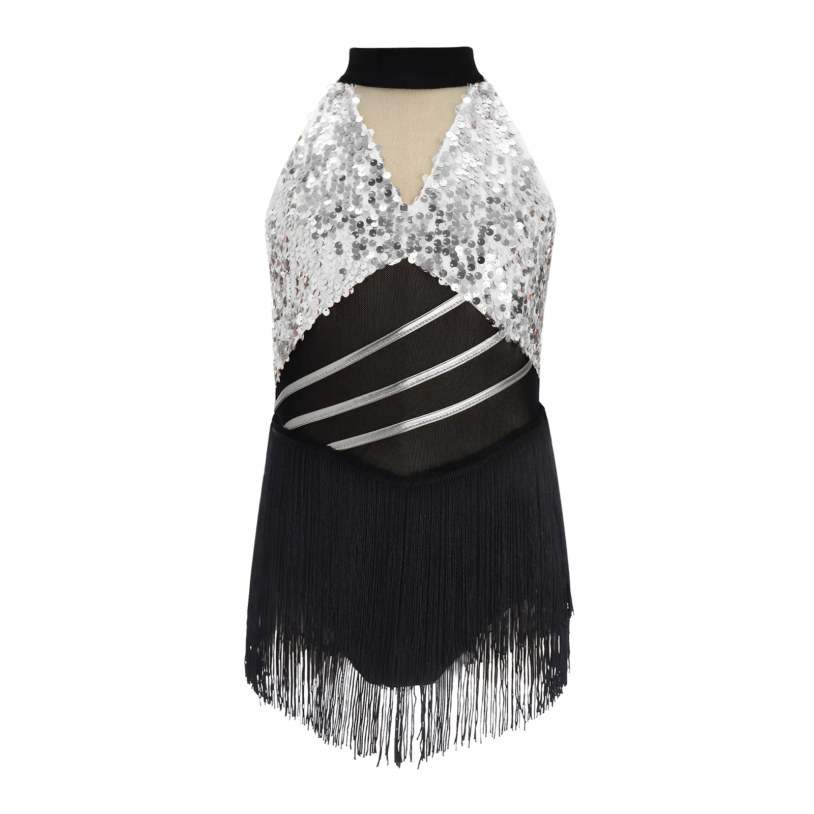 Kids Girls Cha-cha Salsa Latin Dance Costume Shiny Sequins Halter Sleeveless Mesh Tassels Leotard Jazz Tango Samba Rumba Outfits