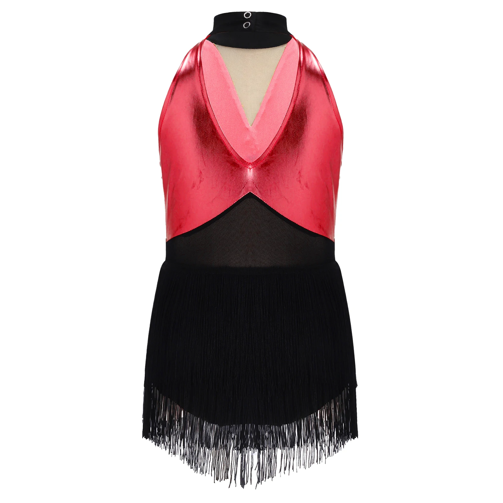 Kids Girls Cha-cha Salsa Latin Dance Costume Shiny Sequins Halter Sleeveless Mesh Tassels Leotard Jazz Tango Samba Rumba Outfits