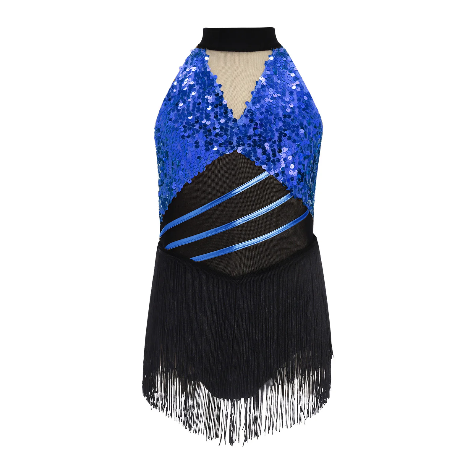 Kids Girls Cha-cha Salsa Latin Dance Costume Shiny Sequins Halter Sleeveless Mesh Tassels Leotard Jazz Tango Samba Rumba Outfits
