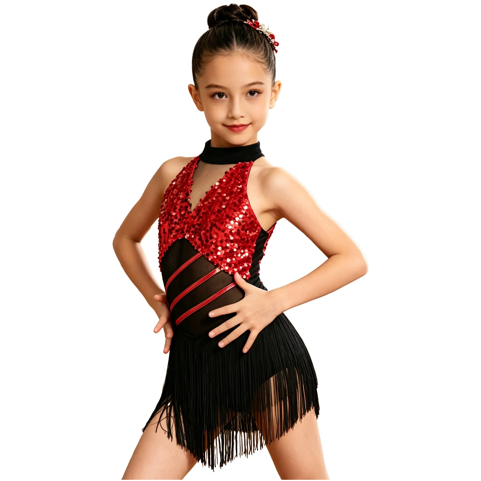 Kids Girls Cha-cha Salsa Latin Dance Costume Shiny Sequins Halter Sleeveless Mesh Tassels Leotard Jazz Tango Samba Rumba Outfits